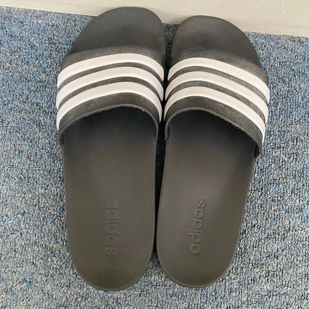 Adidas men 12 slip on slides black and white